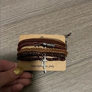 Brown Leather Bracelet Set with Cross Charm